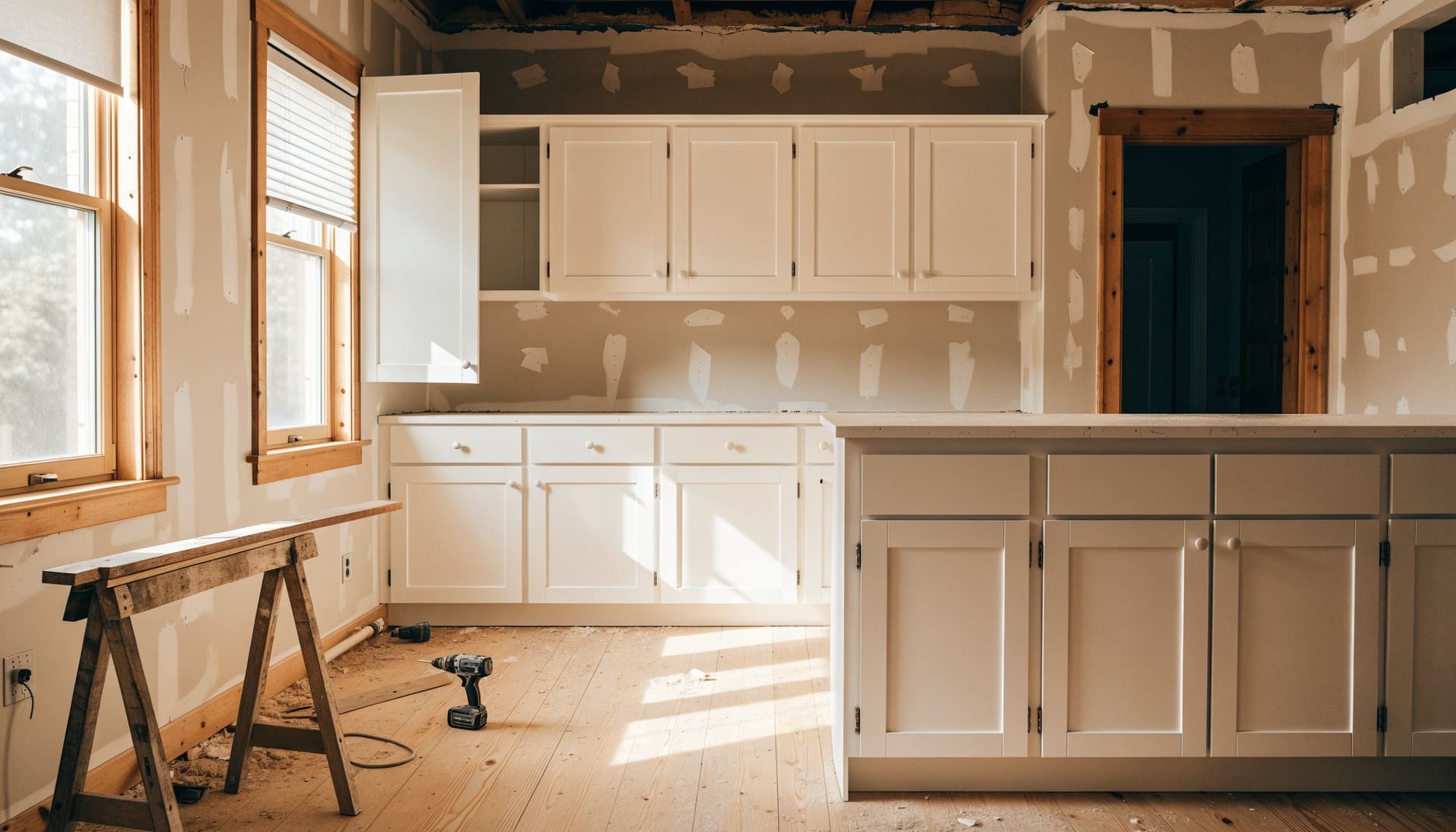 A kitchen remodel in progress with new cabinets installed (representative image)
