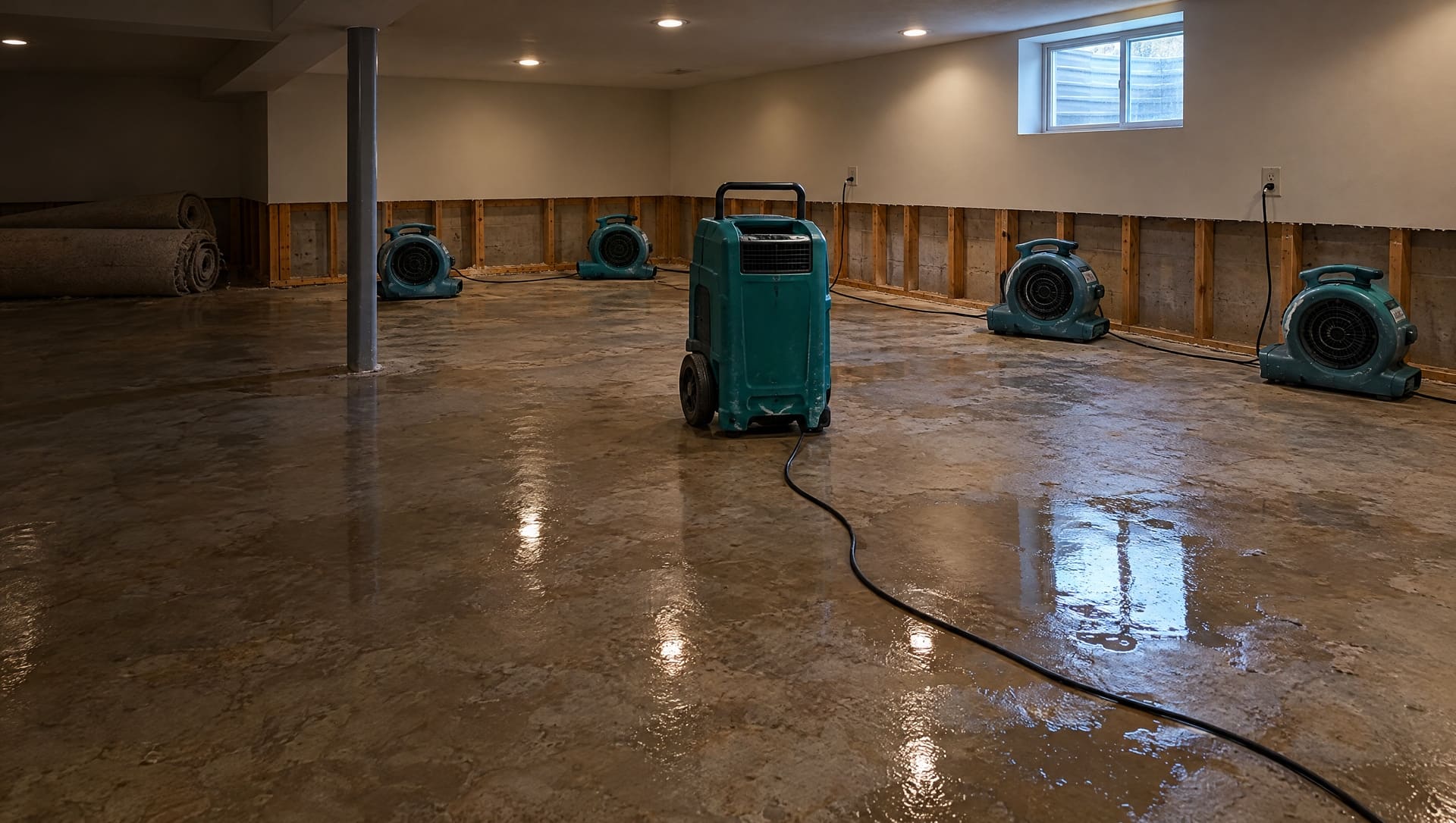 Air movers and a dehumidifier drying a flooded basement (representative image)