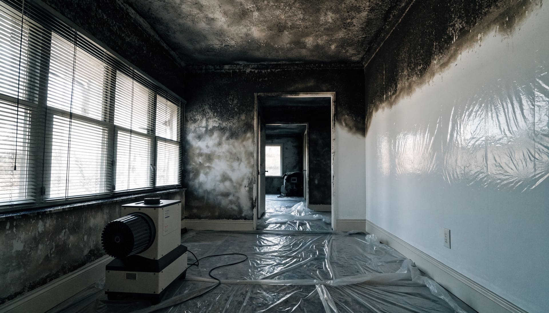 A room being cleaned after smoke damage, half the wall already restored (representative image)