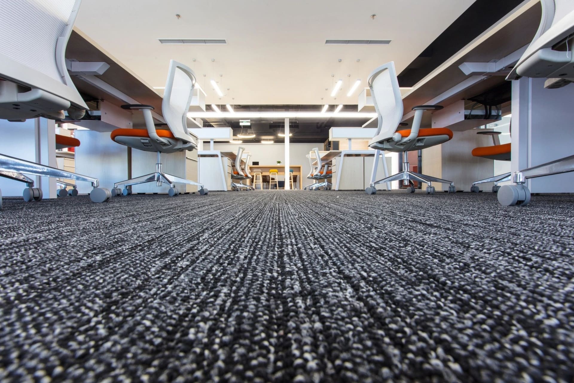 Low-pile carpet tiles in an open-plan office
