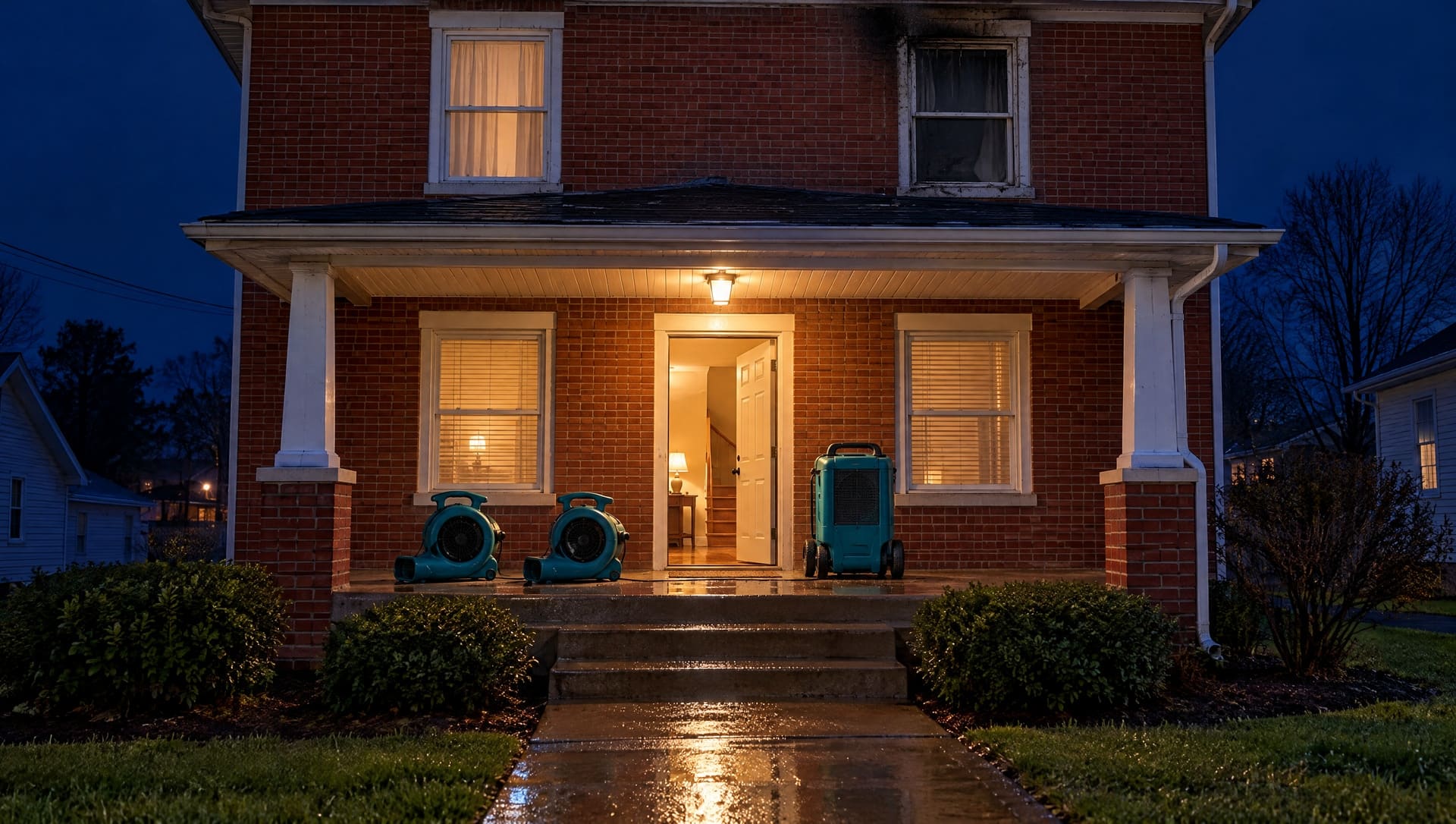 Air movers and a dehumidifier staged on the porch of a brick house at night, ready to go in (representative image)