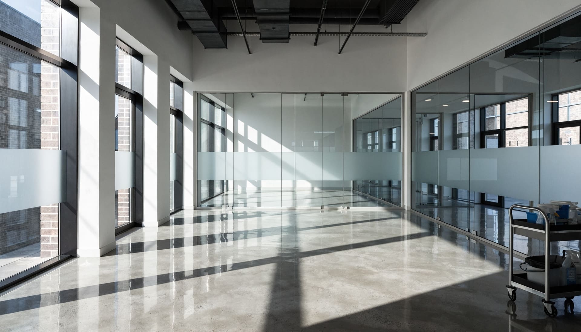 A newly built commercial interior after cleaning, with polished floors and glass (representative image)
